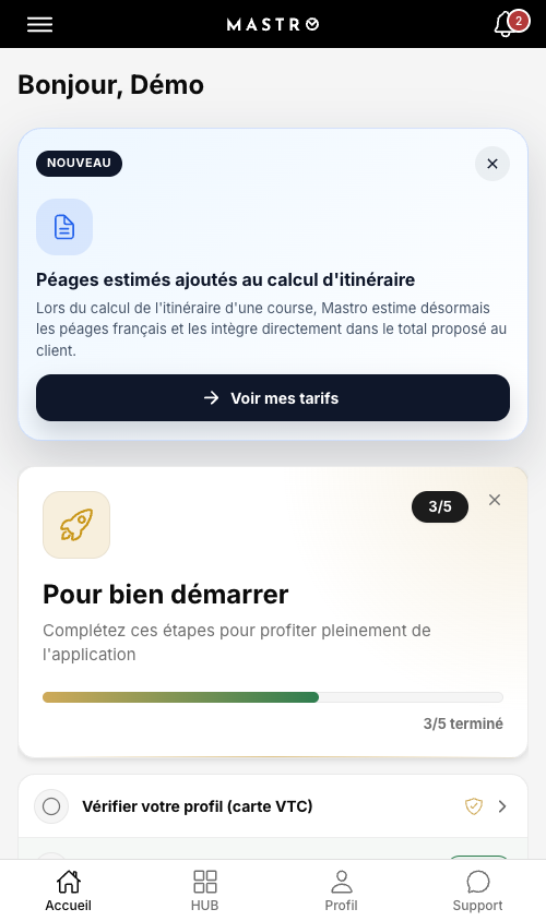Annonce des péages dans lapplication Mastro