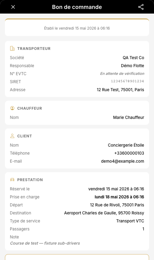 Bon de commande Mastro avec le détail de la prestation
