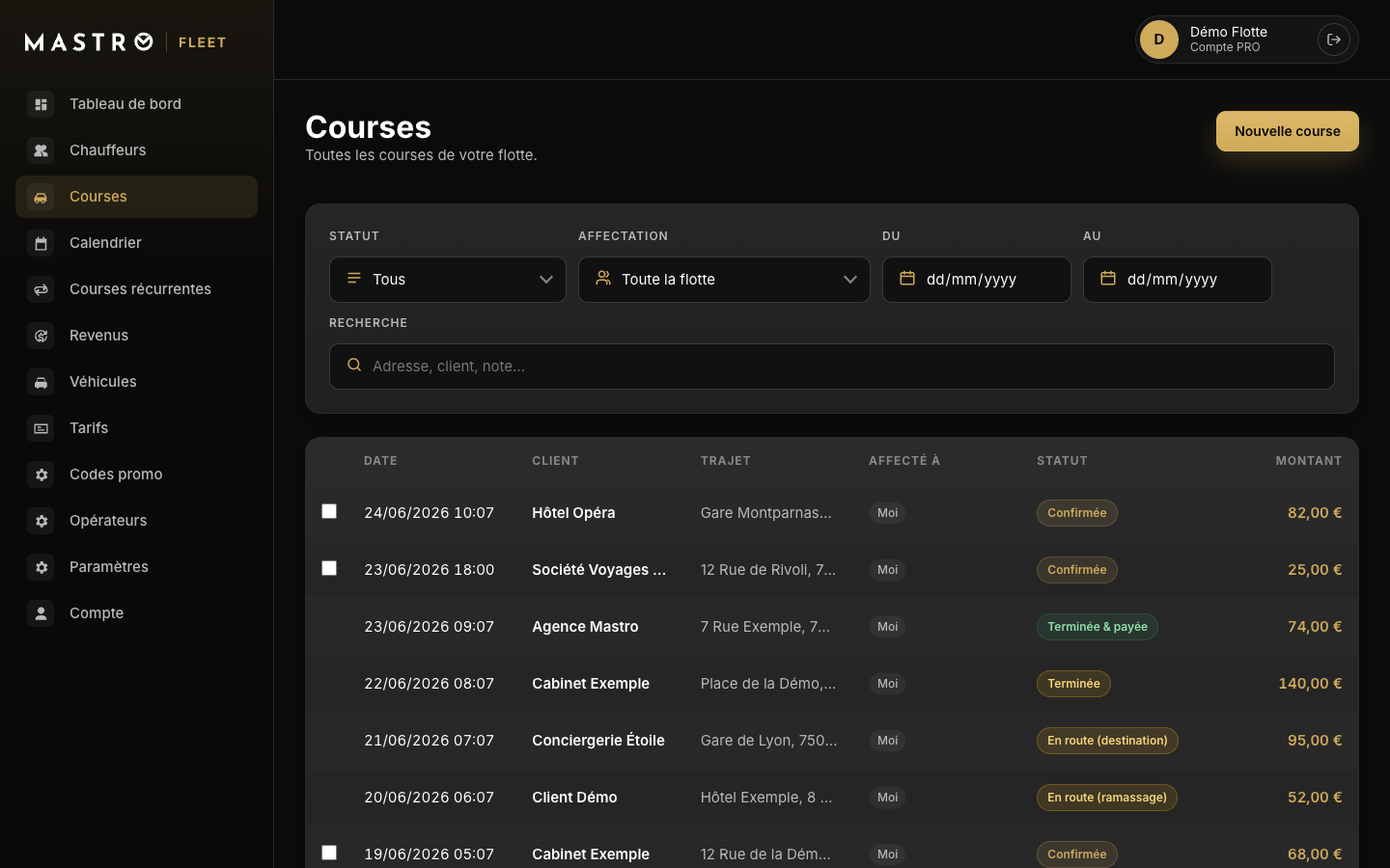 Liste des courses dans le portail Fleet