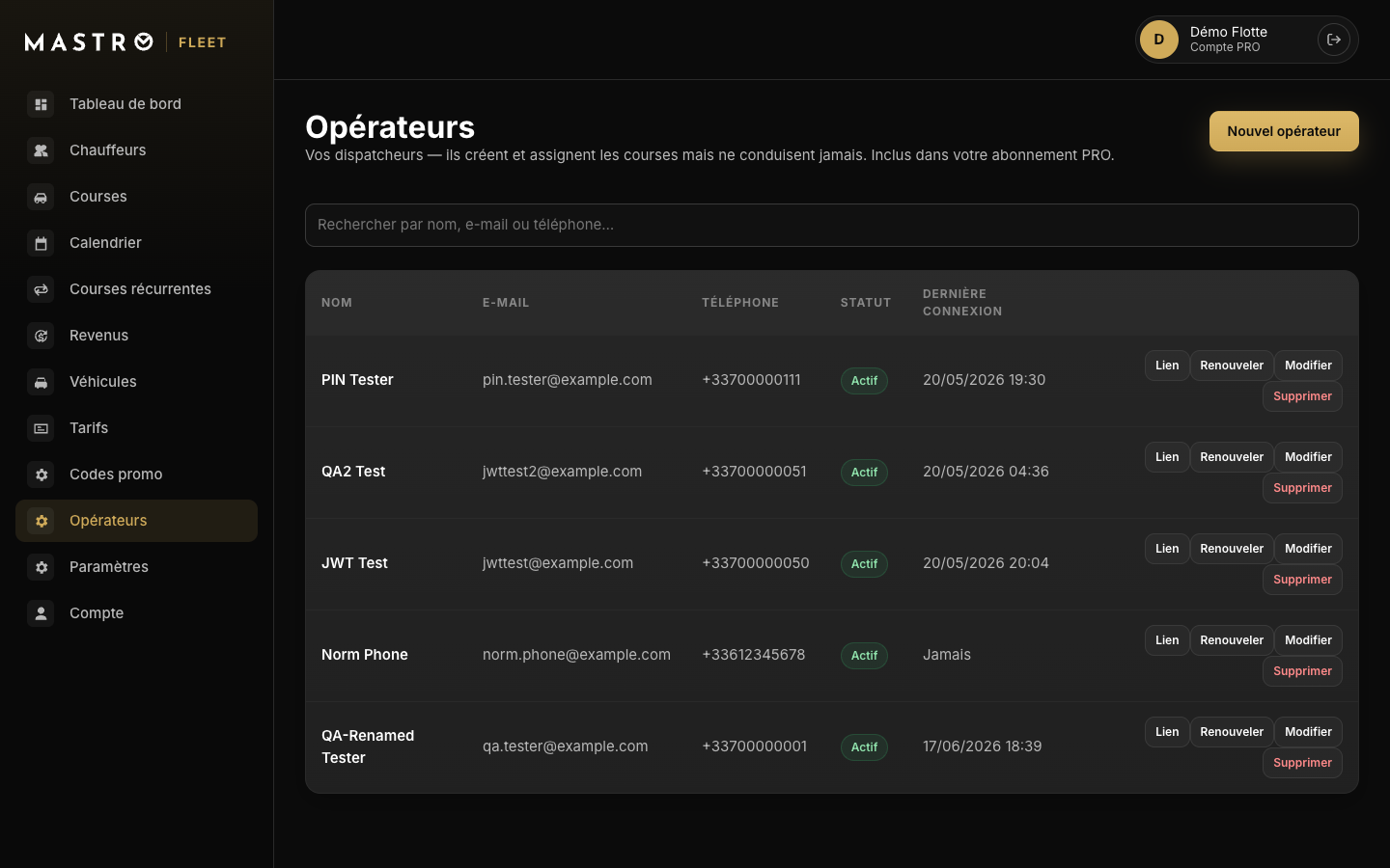 Gestion des opérateurs (dispatchers) dans le portail Fleet