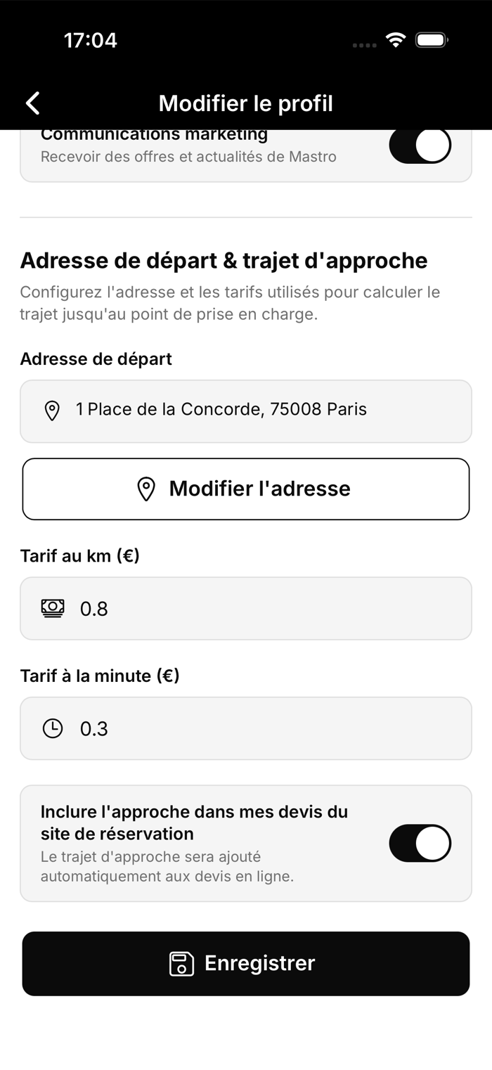 La section « Adresse de départ et trajet d'approche » dans votre profil