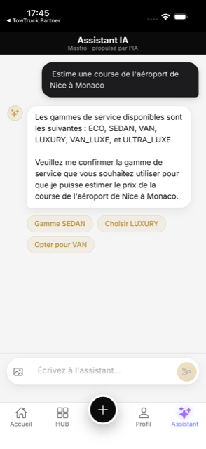 Une conversation avec l'assistant IA qui estime une course