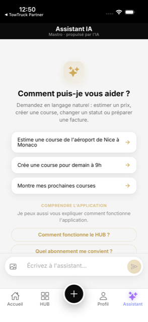 L'écran d'accueil de l'assistant IA de Mastro