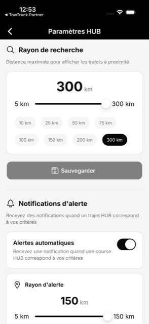 Les paramètres d'alerte du HUB : rayon de recherche et notifications automatiques