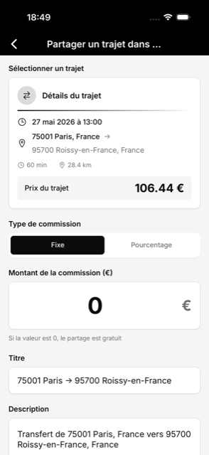 L'écran de partage d'une course sur le HUB avec commission et description