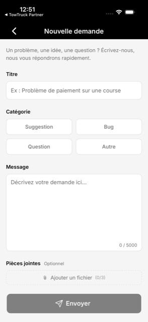 Le formulaire de nouvelle demande du support intégré