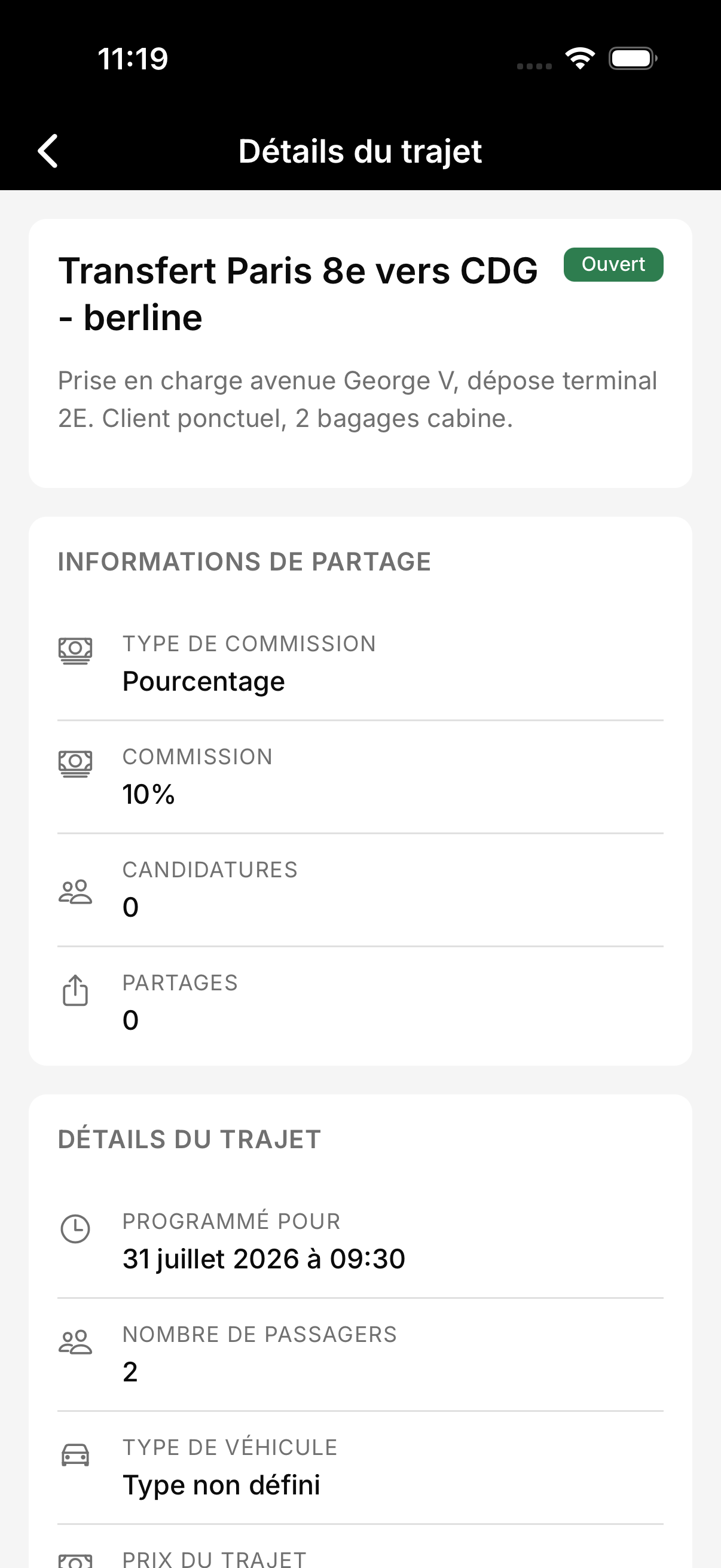 Le détail d'une annonce avec son compteur de partages