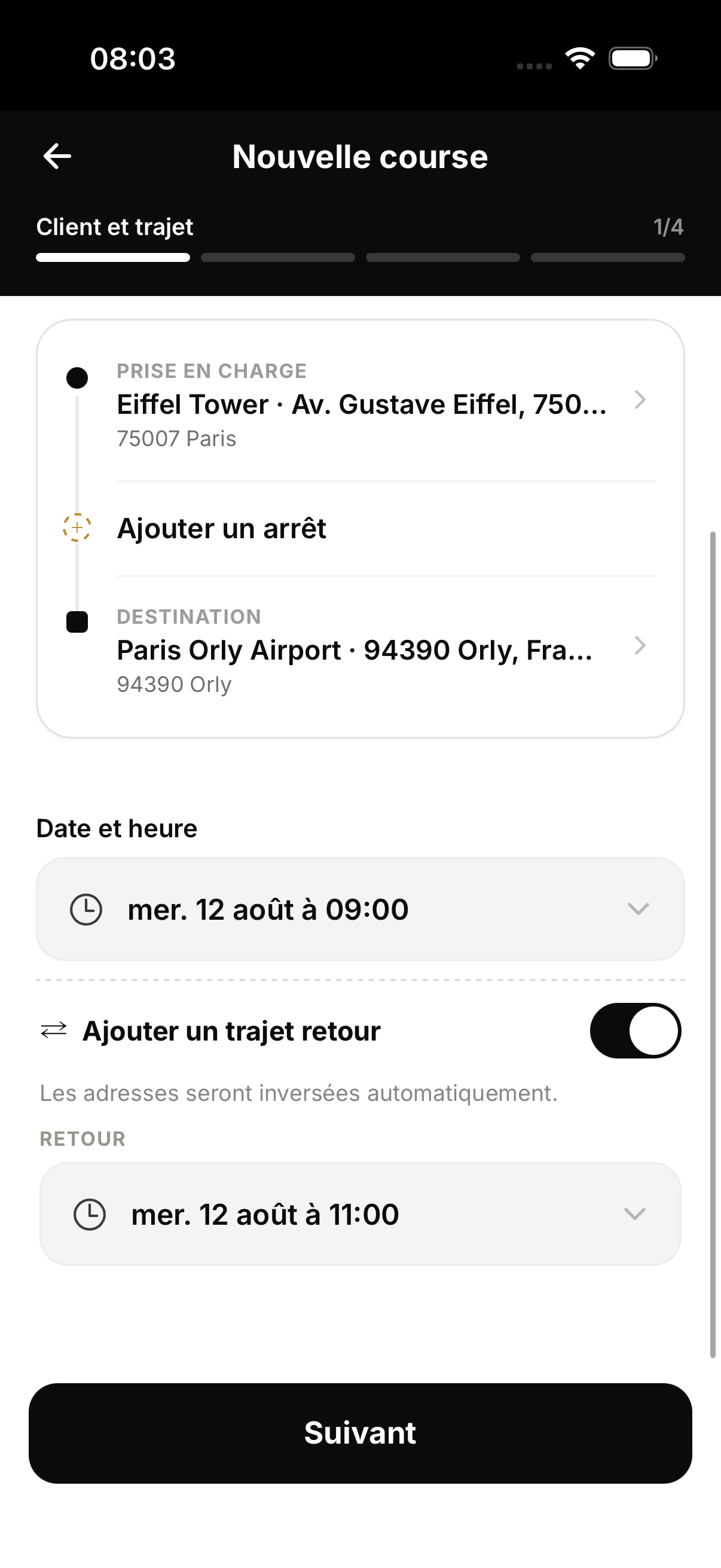 L'option « Ajouter un trajet retour » dans la création de course